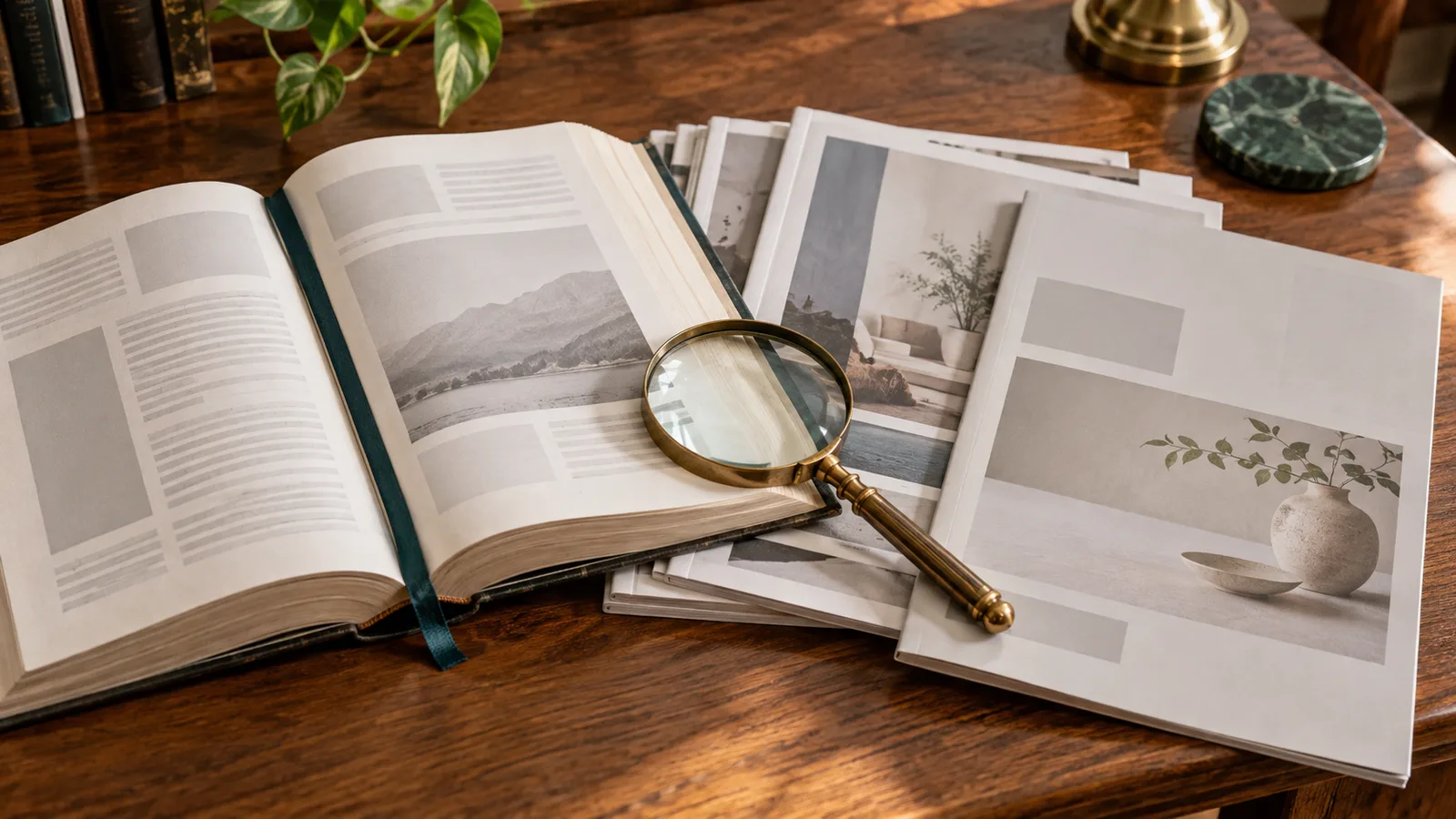 閱覽桌上並排的厚書、雜誌與型錄，黃銅放大鏡停在三者交疊處的靜物攝影