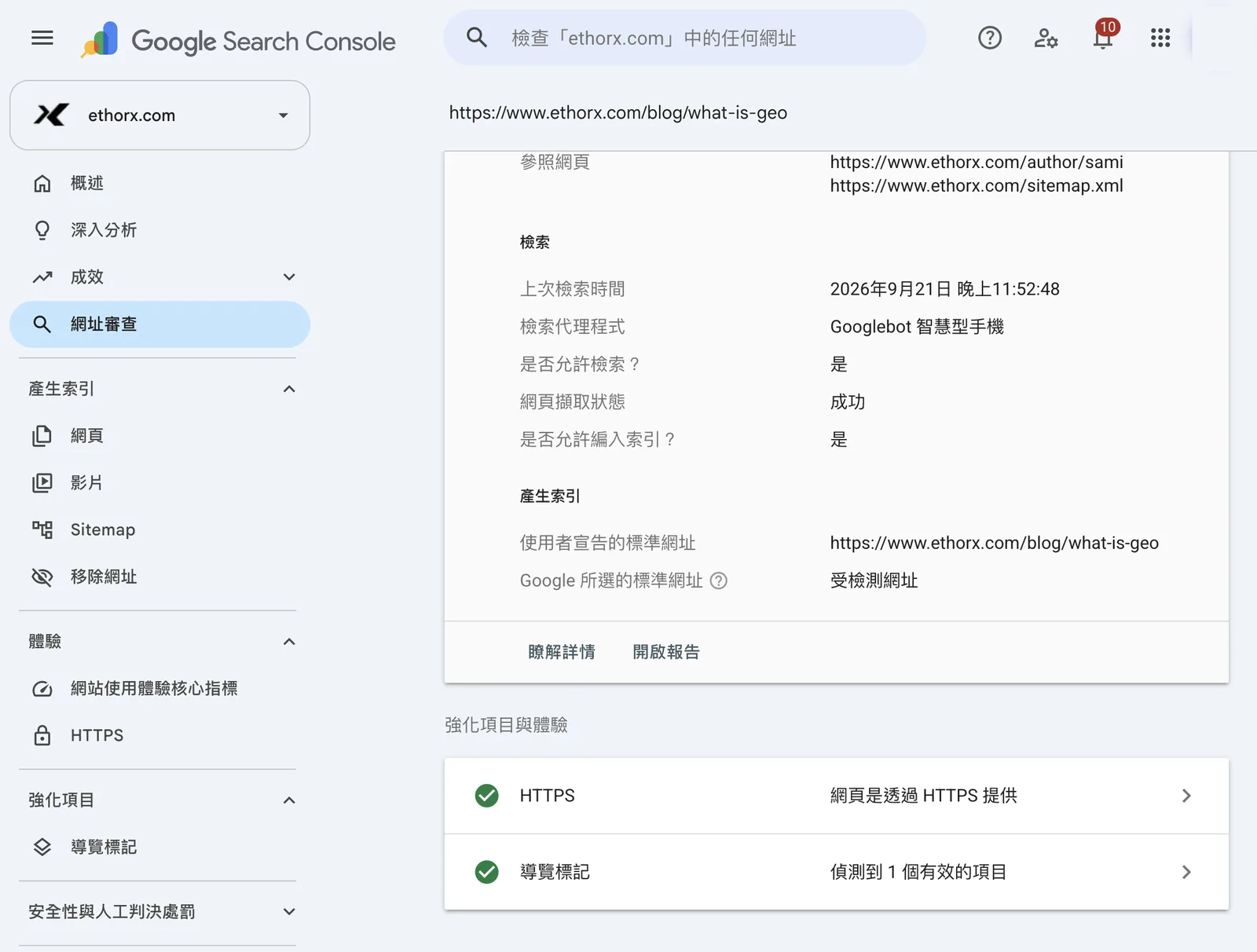 Search Console 網址檢查截圖:檢查 https://www.ethorx.com/blog/what-is-geo,參照網頁列出作者頁與 sitemap.xml,上次檢索時間、檢索代理程式為 Googlebot 智慧型手機,使用者宣告的標準網址與 Google 所選的標準網址一致