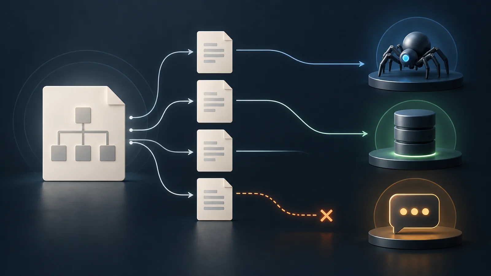 sitemap 索引連到多個網址頁面並分成 crawl、index 與 answer 驗收路徑的概念示意圖